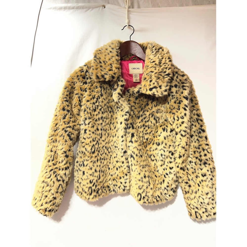 Cherokee Girls Leopard Print Faux Fur Jacket Brown‎ Tan Pink Lining Size M 7-8